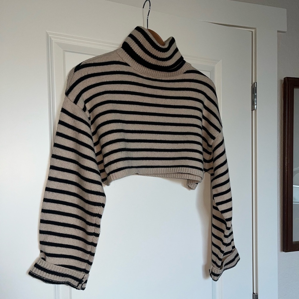 The Frankie Shop Athina Striped Wool-Blend Cropped Turtleneck Sweater